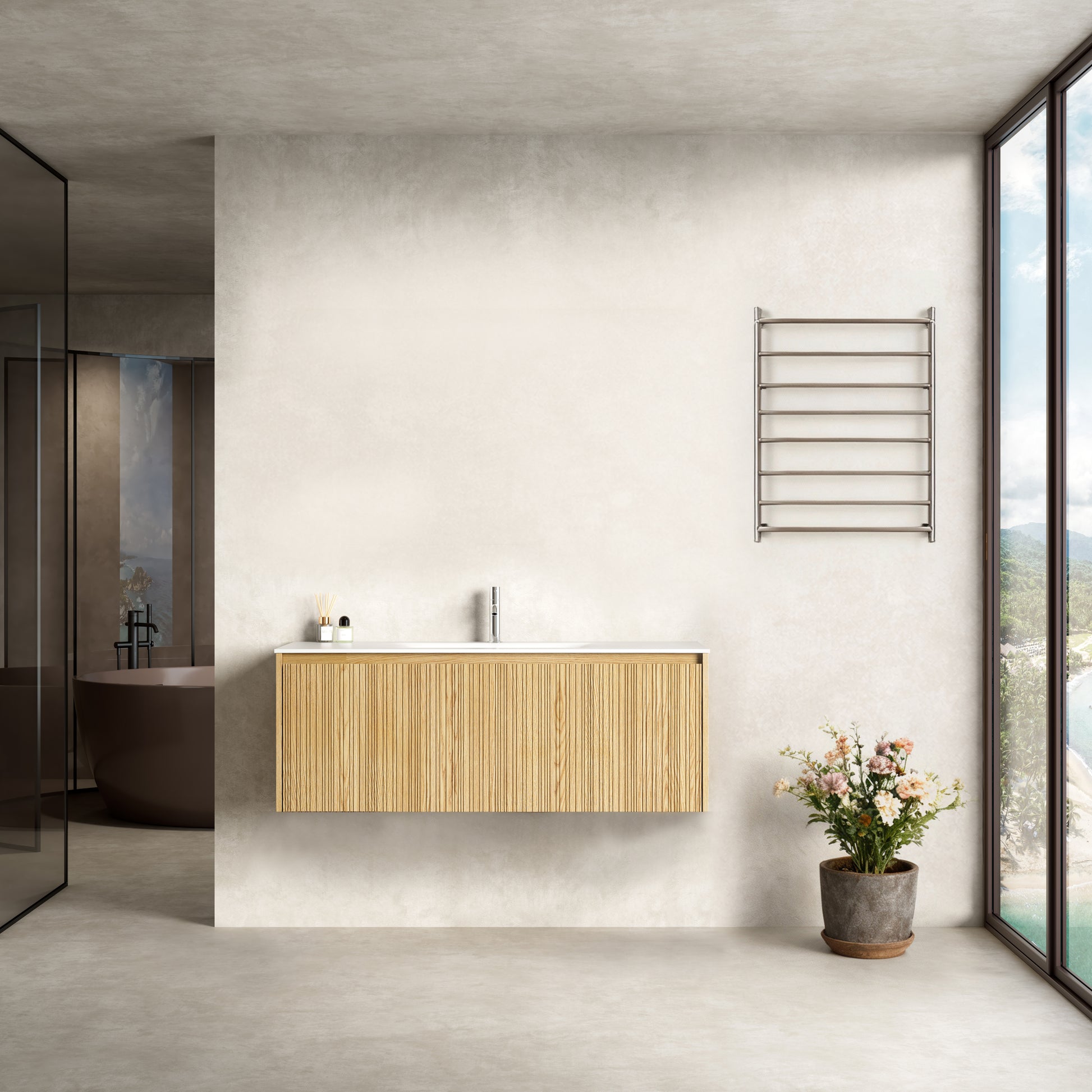 Mobile Bagno 120 cm Sospeso Rovere Chiaro Senza Specchio - Pace in un moderno bagno con vista.
