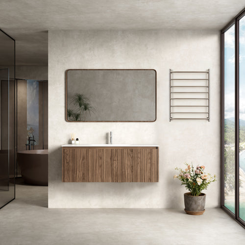 Mobile Bagno 120 cm Sospeso Rovere Scuro Specchio con Cornice - Pace in moderno bagno minimalista.