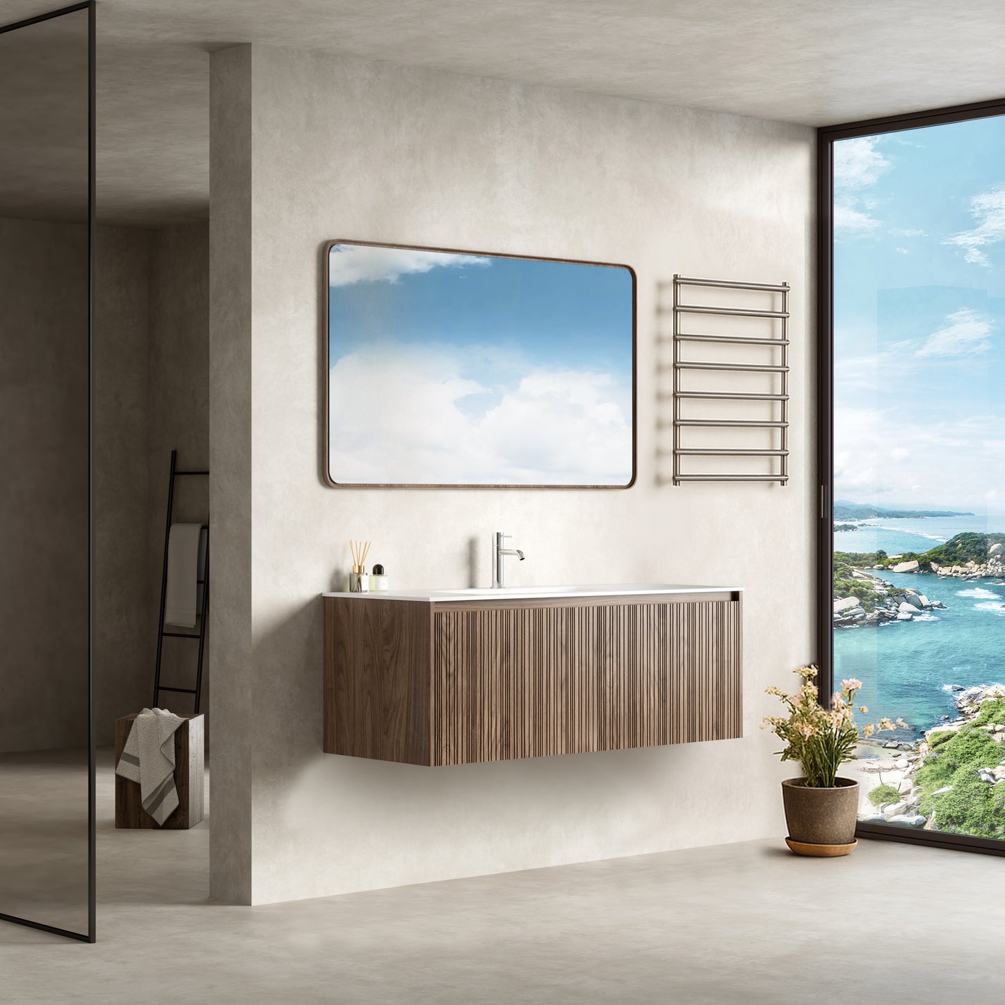 Mobile Bagno 120 cm Sospeso Rovere Scuro Specchio con Cornice - Pace