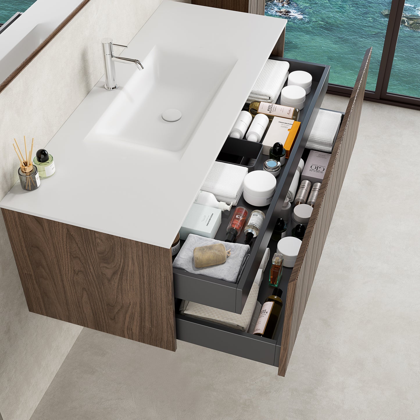 Mobile Bagno 120 cm Sospeso Rovere Scuro Specchio con Cornice - Pace