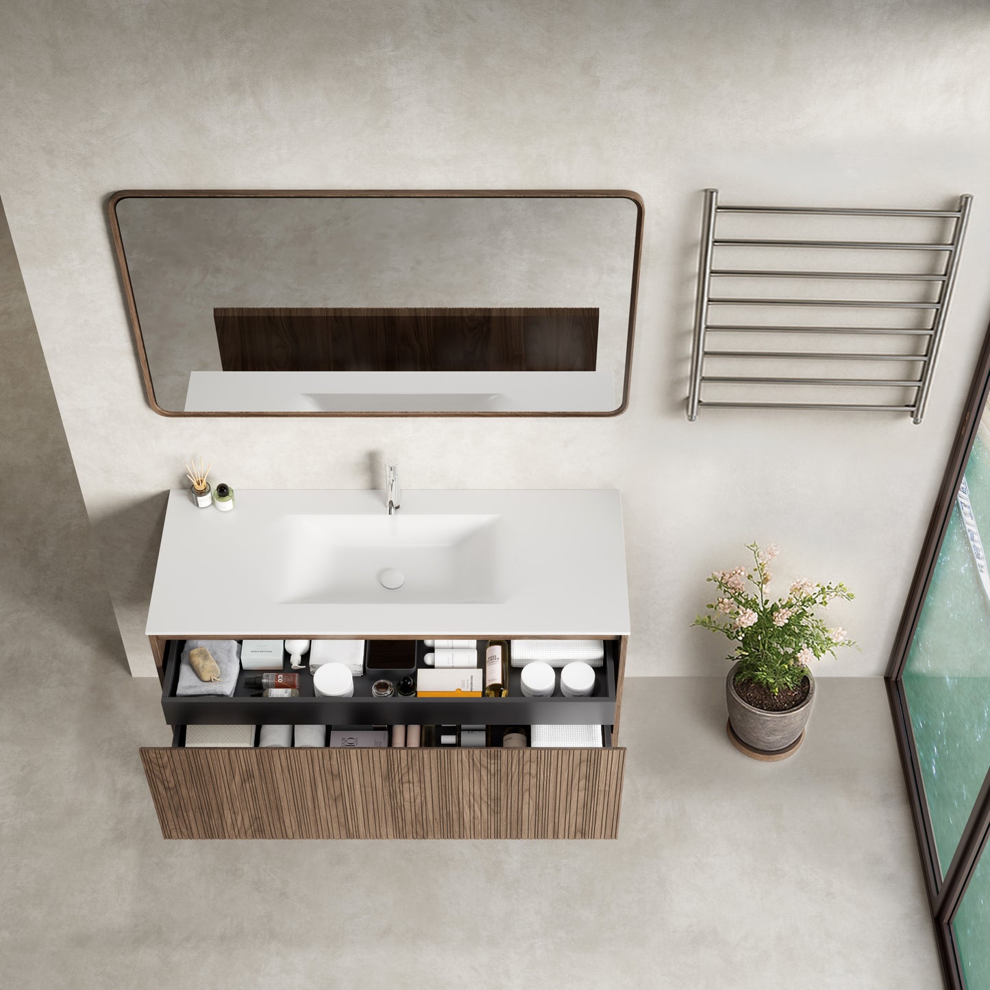 Mobile Bagno 120 cm Sospeso Rovere Scuro Specchio con Cornice - Pace