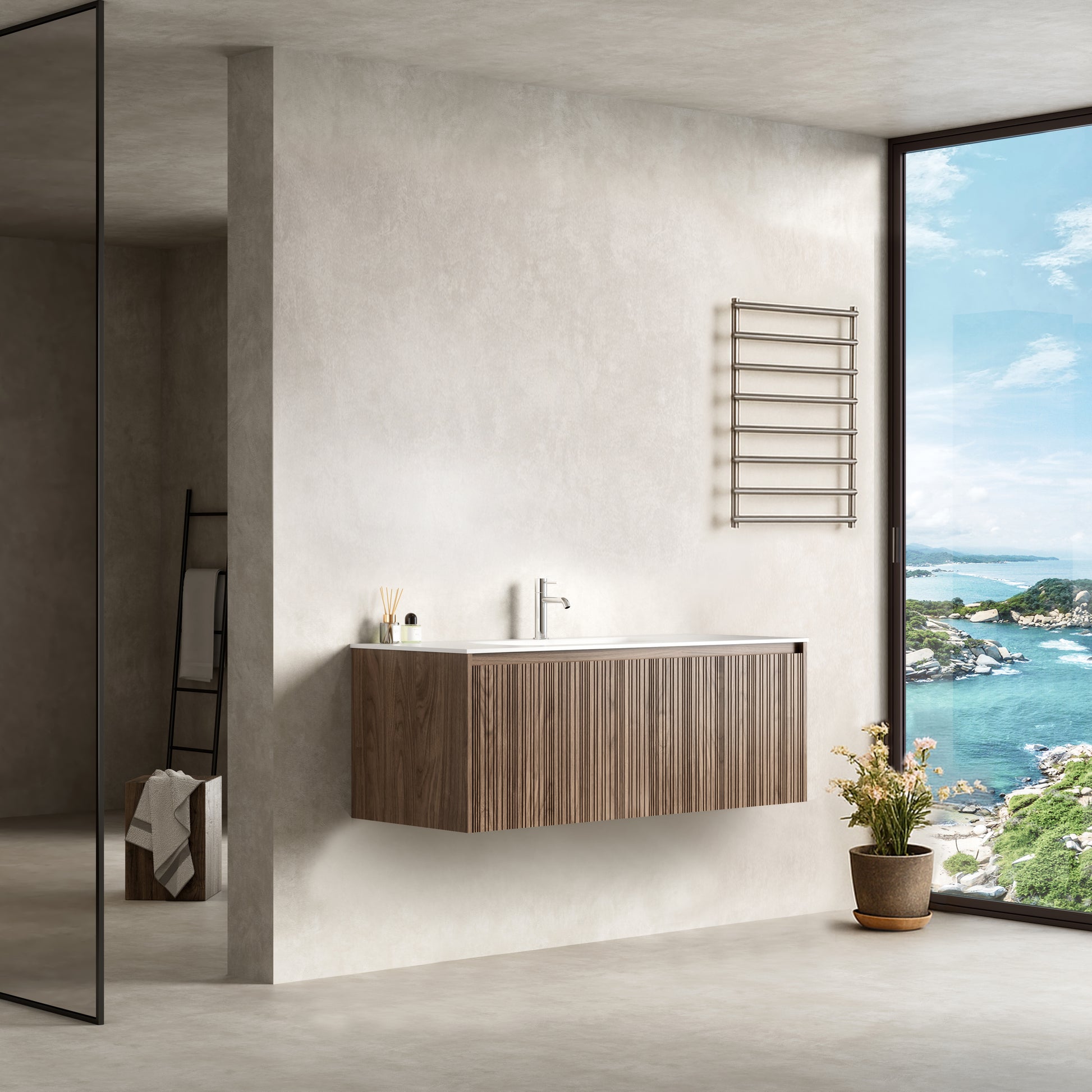 Mobile Bagno 120 cm Sospeso Rovere Scuro Senza Specchio - Pace installato in un bagno moderno con vista sul mare.
