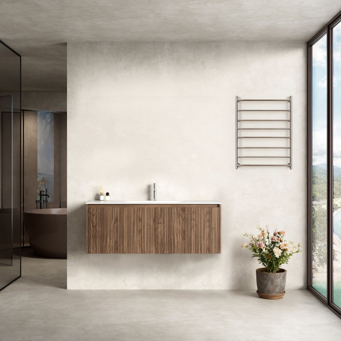 Mobile Bagno 120 cm Sospeso Rovere Scuro Senza Specchio - Pace in moderno ambiente bagno minimalista.