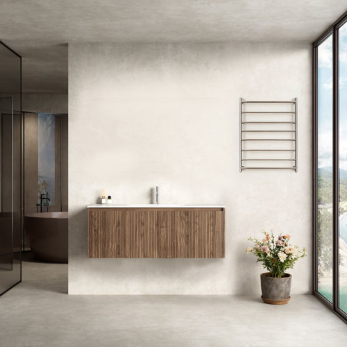 Mobile Bagno 120 cm Sospeso Rovere Scuro Senza Specchio - Pace in moderno ambiente bagno minimalista.