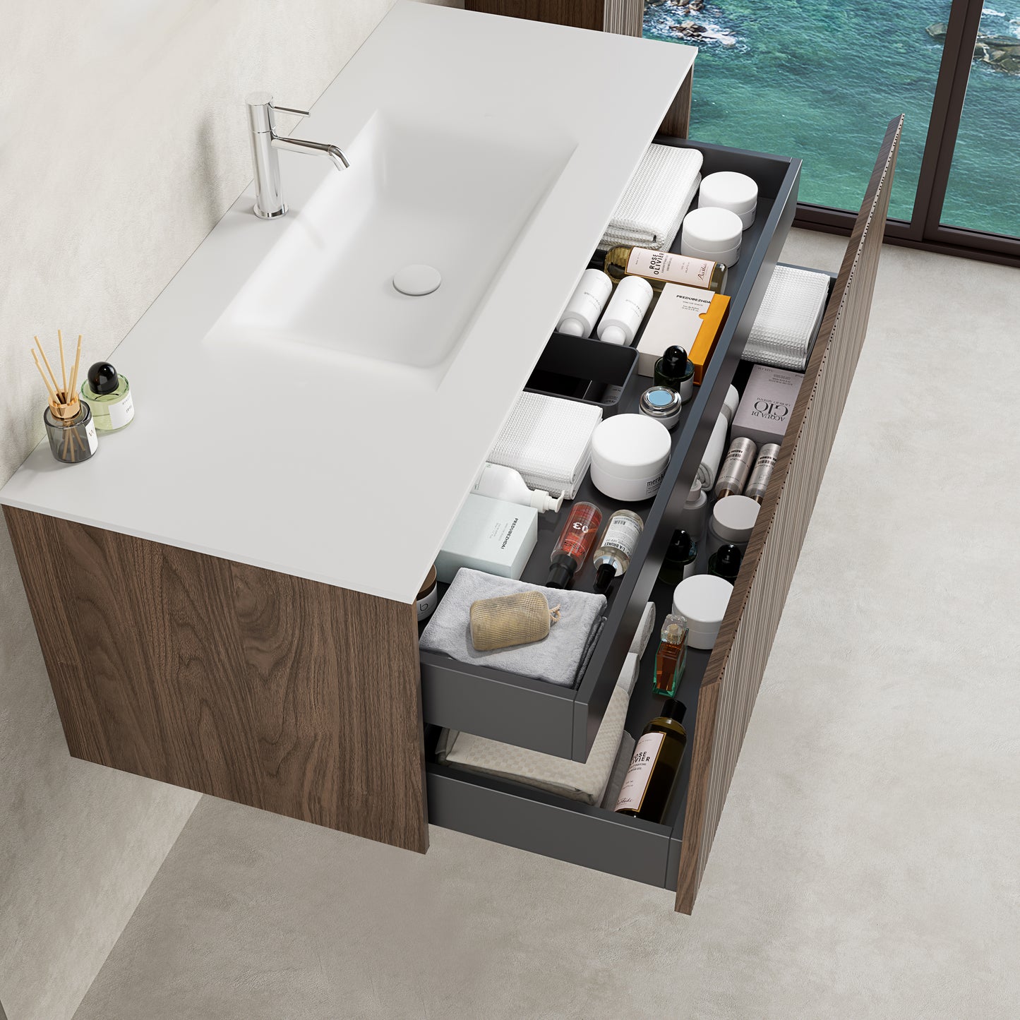Mobile Bagno 120 cm Sospeso Rovere Scuro Senza Specchio - Pace con cassetti aperti e lavabo