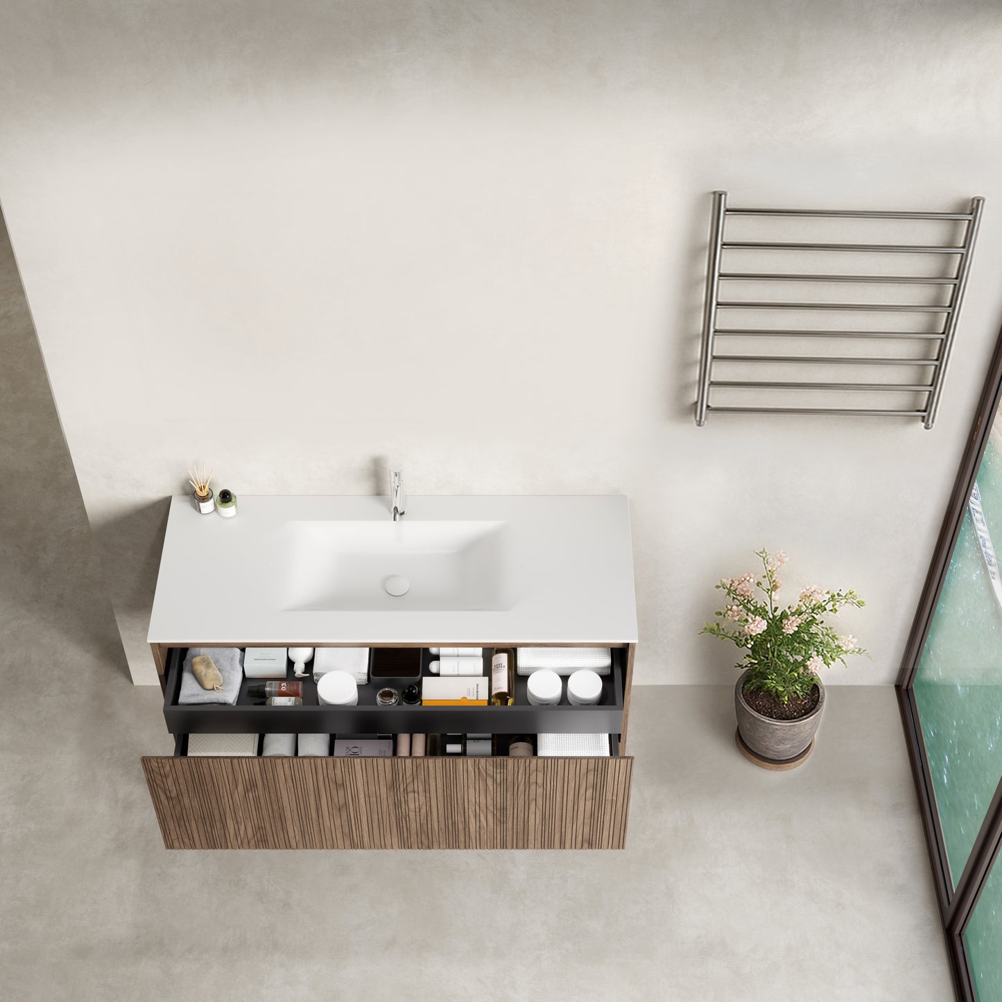 Mobile Bagno 120 cm Sospeso Rovere Scuro Senza Specchio - Pace con lavabo e spazio per prodotti.