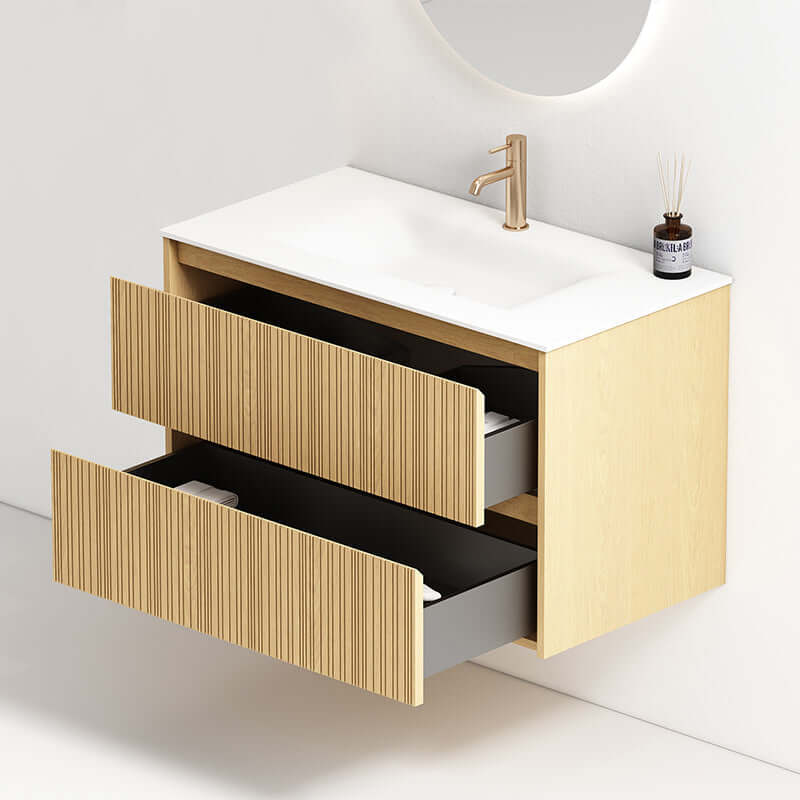 Mobile Bagno Sospeso 90 cm Rovere Chiaro Specchio Ovale Retroilluminato - Pace Plus