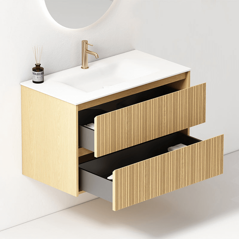 Mobile Bagno Sospeso 90 cm Rovere Chiaro Specchio Ovale Retroilluminato - Pace Plus