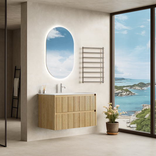 Mobile Bagno Sospeso 90 cm Rovere Chiaro Specchio Ovale Retroilluminato - Pace Plus