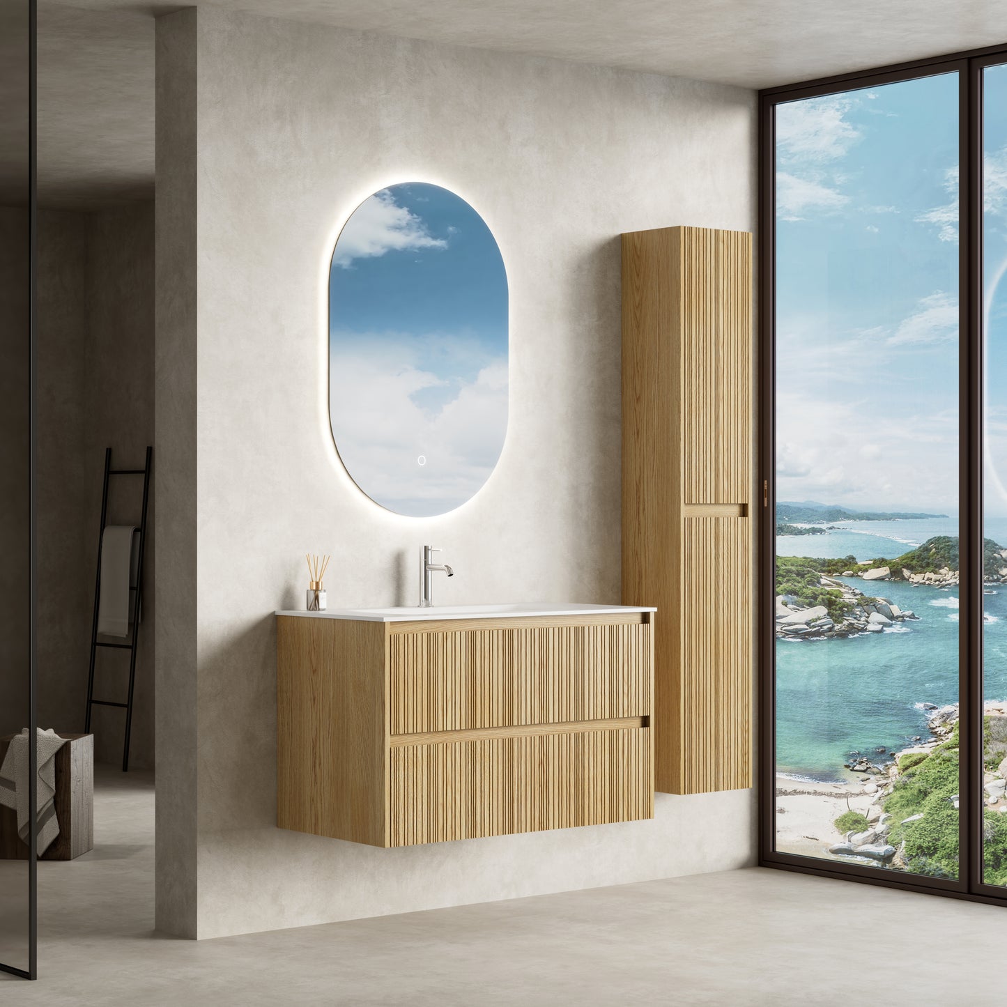 Mobile Bagno Sospeso 90 cm Rovere Chiaro Specchio Ovale Retroilluminato - Pace Plus