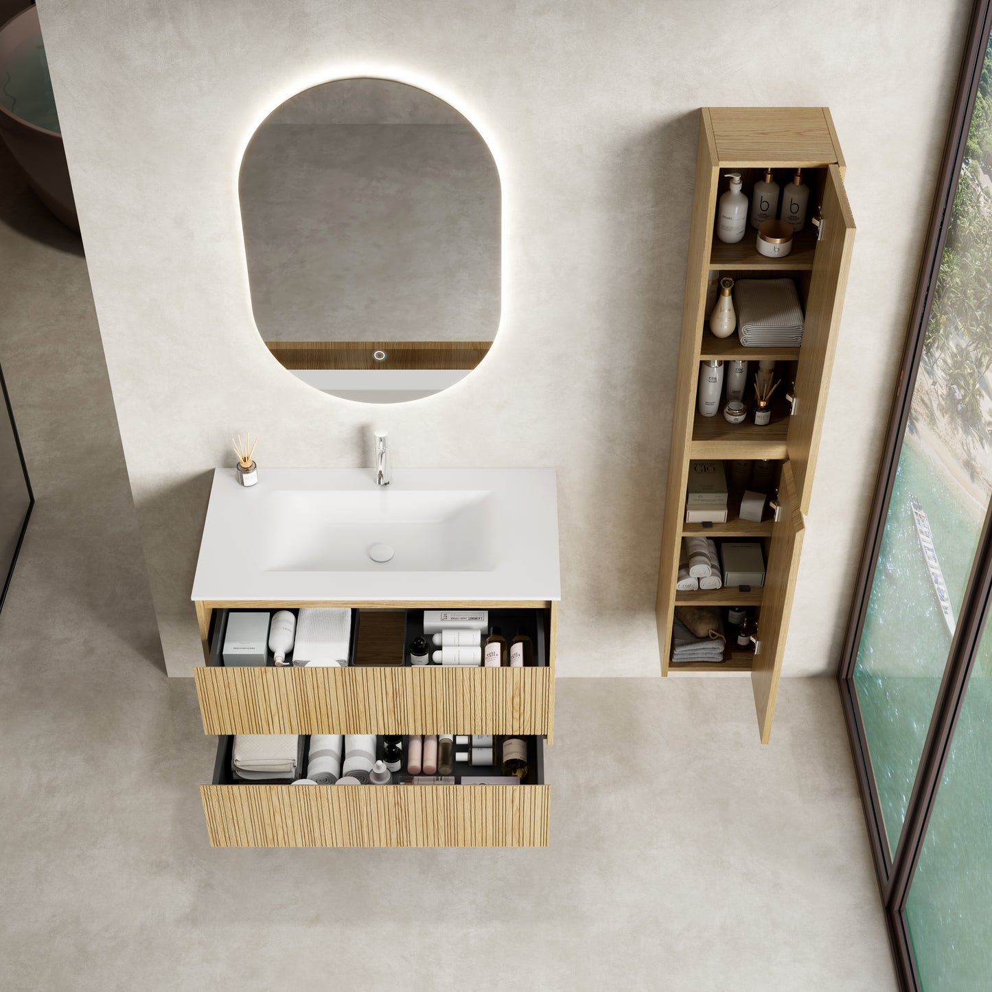 Mobile Bagno Sospeso 90 cm Rovere Chiaro Specchio Ovale Retroilluminato - Pace Plus