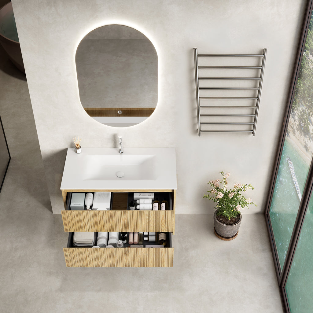 Mobile Bagno Sospeso 90 cm Rovere Chiaro Specchio Ovale Retroilluminato - Pace Plus