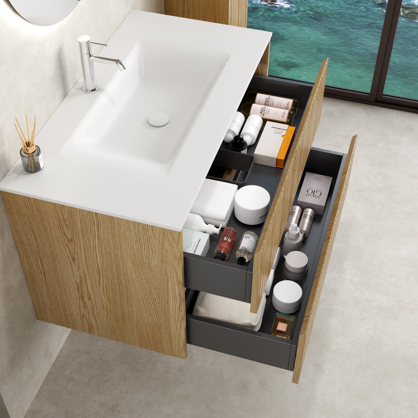 Mobile Bagno Sospeso 90 cm Rovere Chiaro Specchio Ovale Retroilluminato - Pace Plus