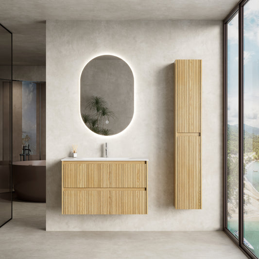 Mobile Bagno Sospeso 90 cm Rovere Chiaro Specchio Ovale Retroilluminato - Pace Plus