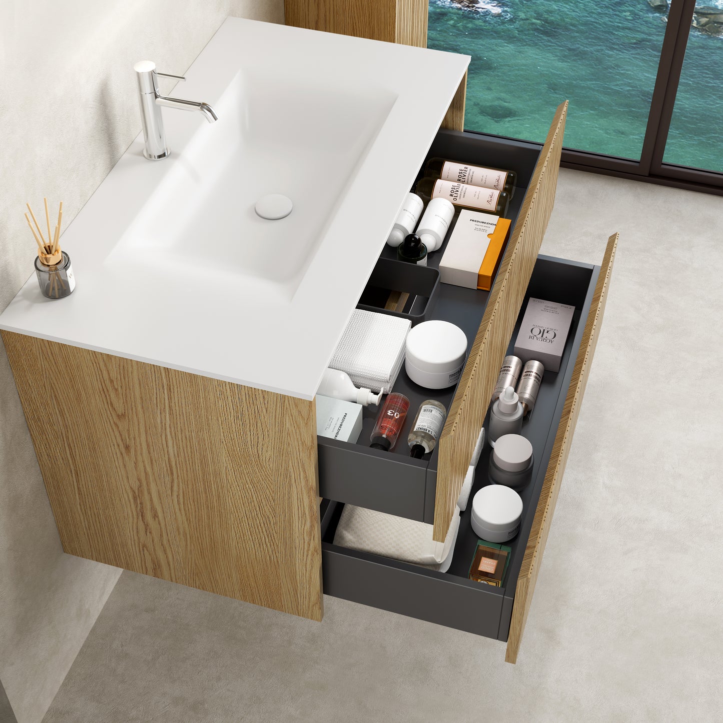 Mobile Bagno Sospeso 90 cm Rovere Chiaro Senza Specchio - Pace Plus