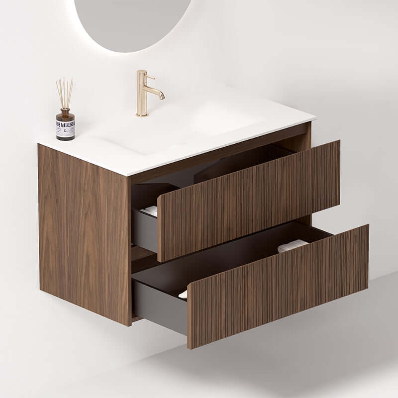 Mobile Bagno Sospeso 90 cm Rovere Scuro Specchio Ovale Retroilluminato - Pace Plus