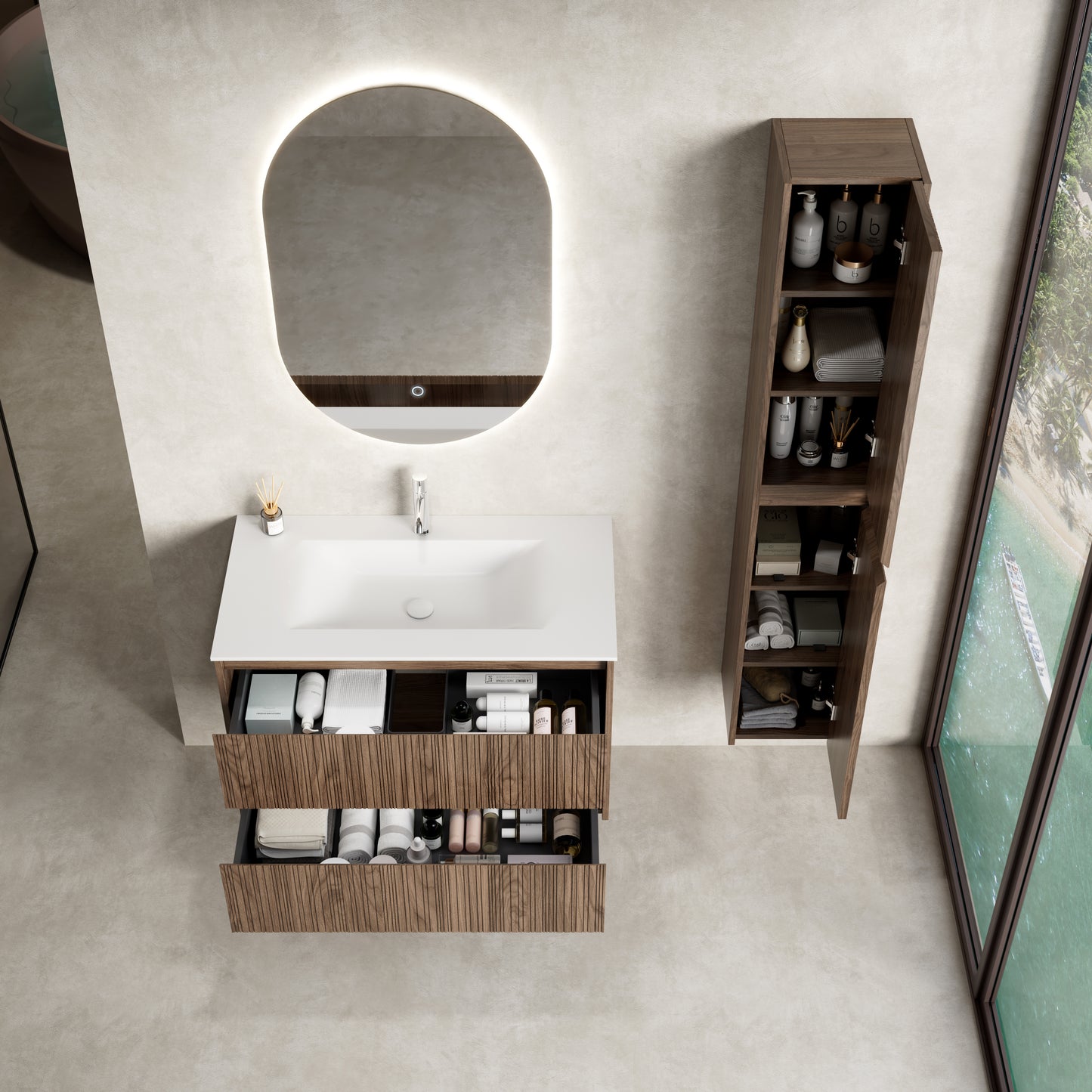 Mobile Bagno Sospeso 90 cm Rovere Scuro Specchio Ovale Retroilluminato - Pace Plus