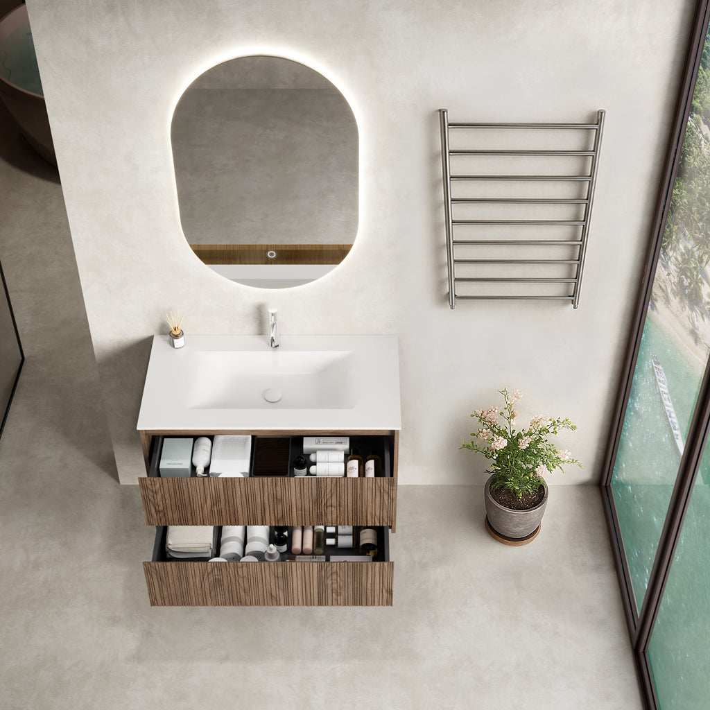 Mobile Bagno Sospeso 90 cm Rovere Scuro Specchio Ovale Retroilluminato - Pace Plus