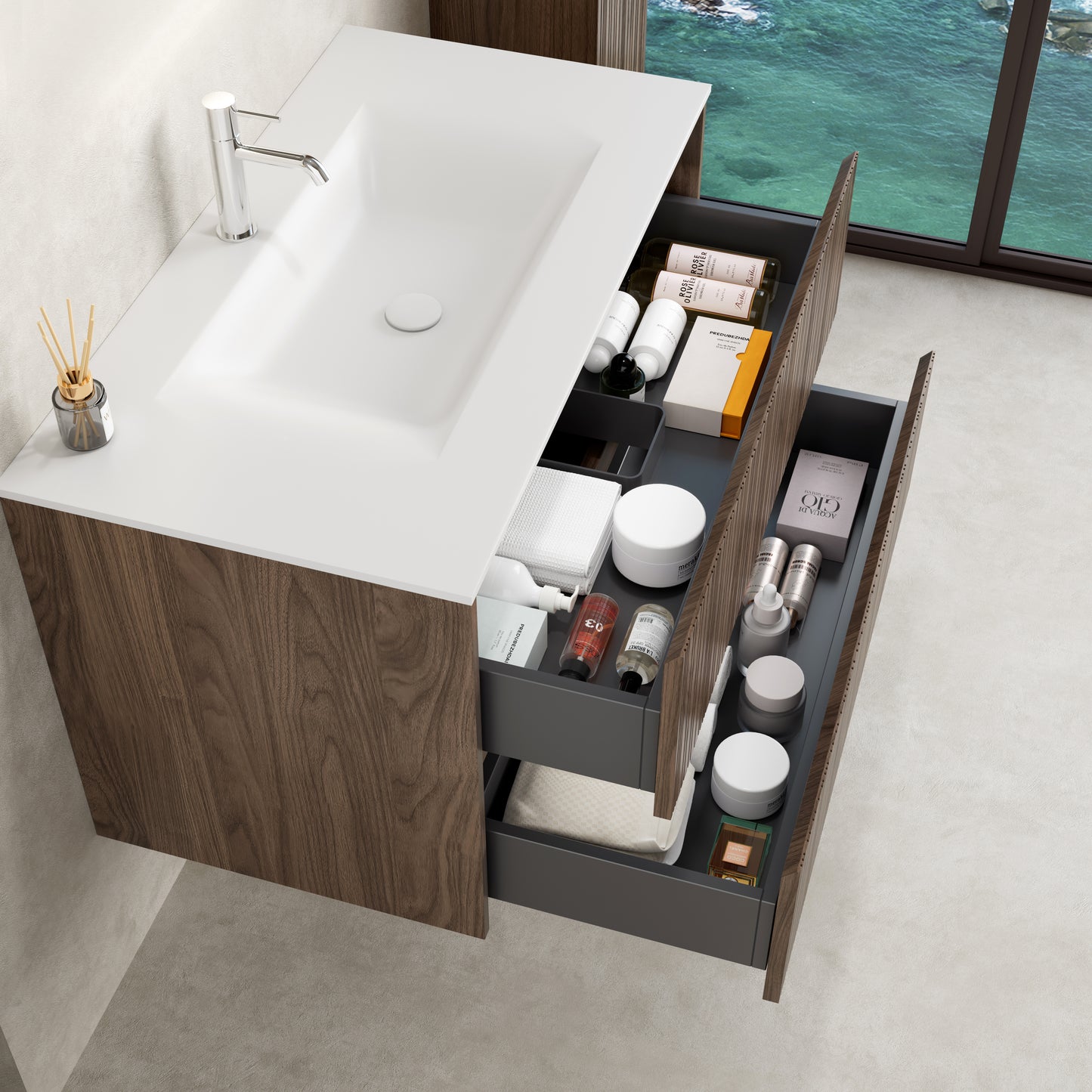 Mobile Bagno Sospeso 90 cm Rovere Scuro Senza Specchio - Pace Plus