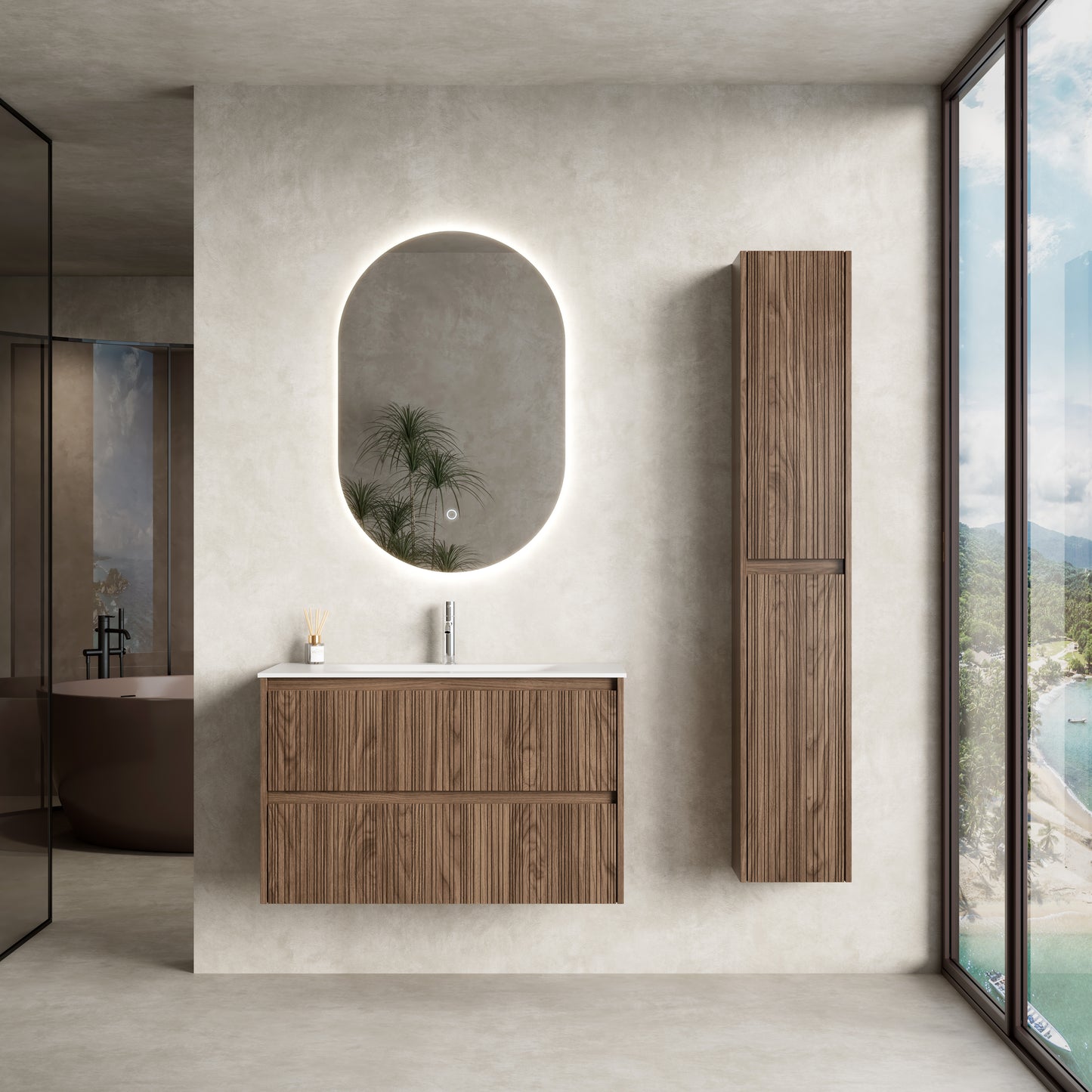 Mobile Bagno Sospeso 90 cm Rovere Scuro Specchio Ovale Retroilluminato - Pace Plus