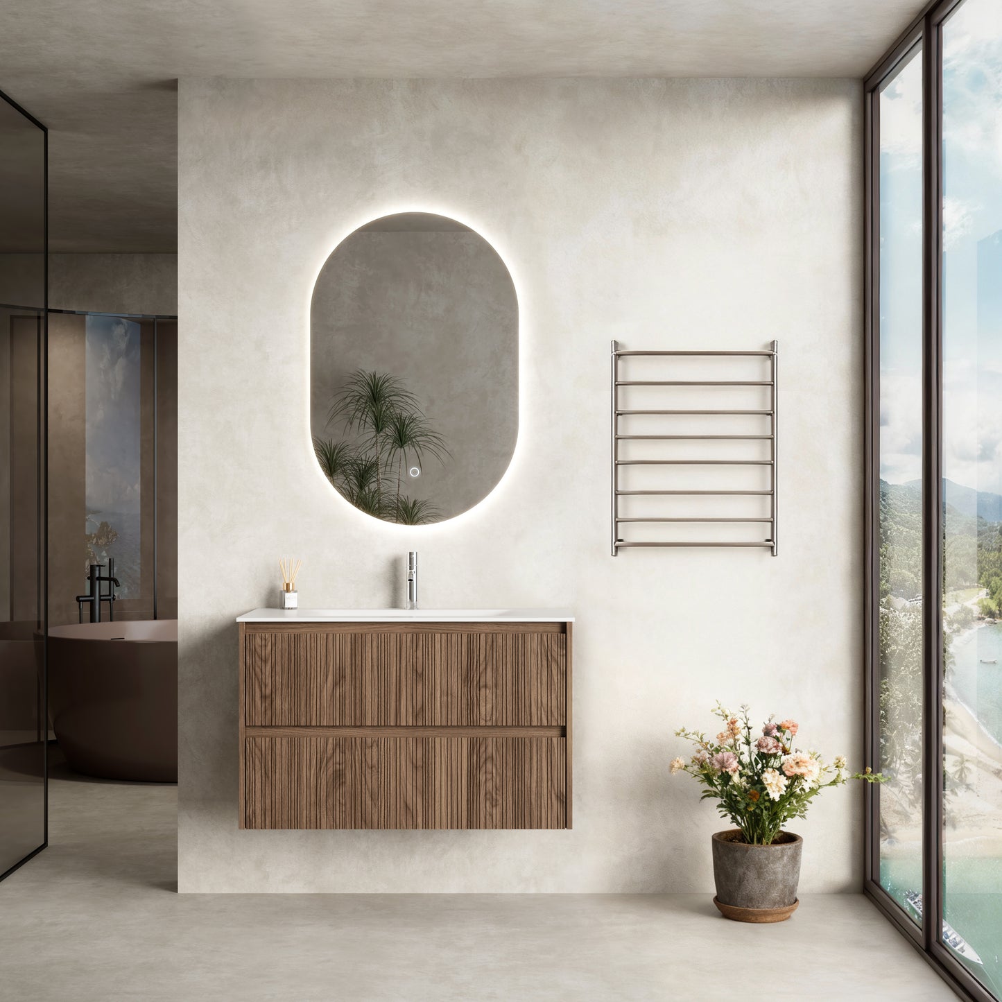 Mobile Bagno Sospeso 90 cm Rovere Scuro Specchio Ovale Retroilluminato - Pace Plus