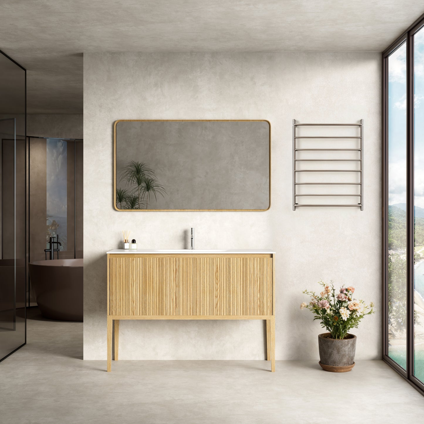 Mobile Bagno 120 cm A Terra Rovere Chiaro Specchio con Cornice - Pace