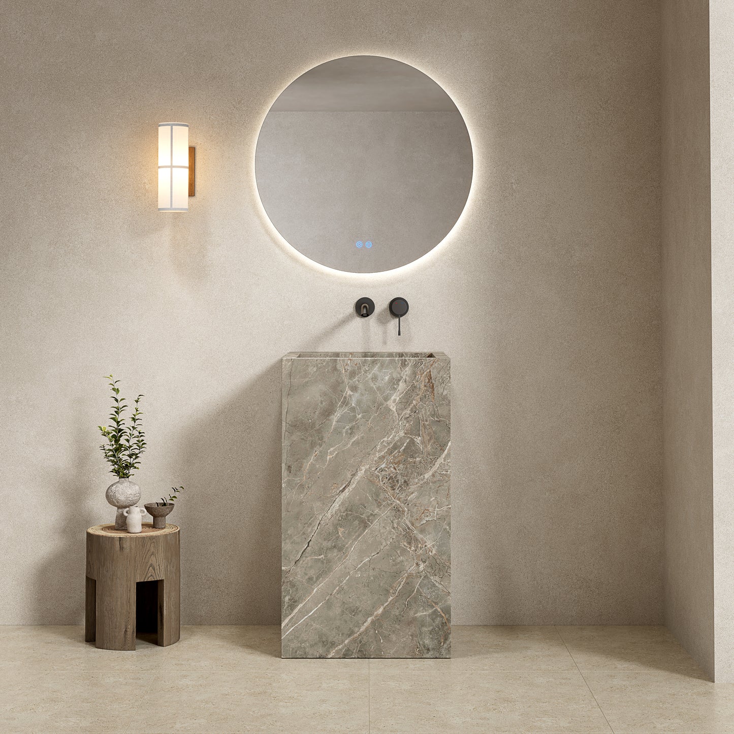 Lavabo Freestanding in Gres Lucido Etoile Grigio 60 cm Specchio Tondo Retroilluminato - Pedestal