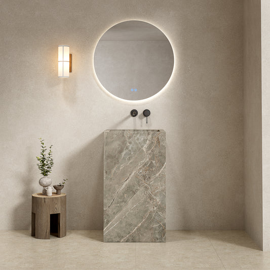 Lavabo Freestanding in Gres Opaco Etoile Grigio 60 cm Specchio Tondo Retroilluminato - Pedestal