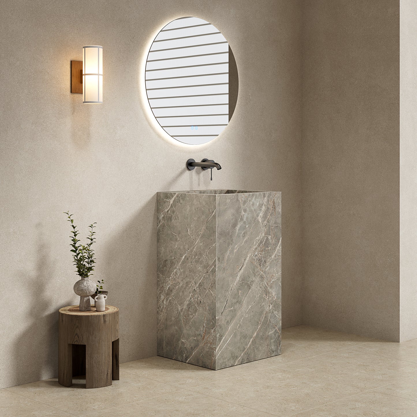 Lavabo Freestanding in Gres Lucido Etoile Grigio 60 cm Specchio Tondo Retroilluminato - Pedestal