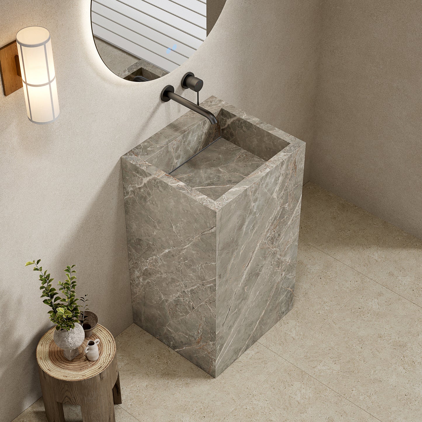 Lavabo Freestanding in Gres Lucido Etoile Grigio 60 cm Specchio Tondo Retroilluminato - Pedestal
