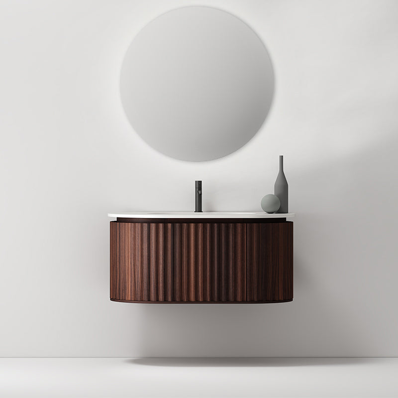 Mobile Bagno 100 cm Sospeso Noce Scuro Specchio Tondo - Reid