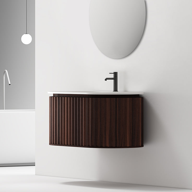 Mobile Bagno 100 cm Sospeso Noce Scuro Specchio Tondo - Reid