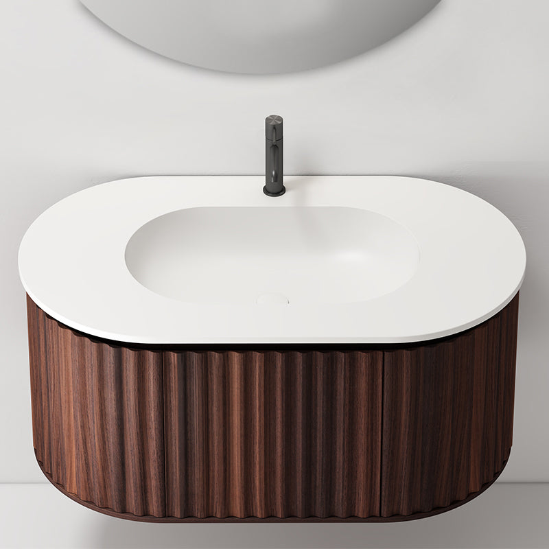 Mobile Bagno 100 cm Sospeso Noce Scuro Specchio Tondo - Reid