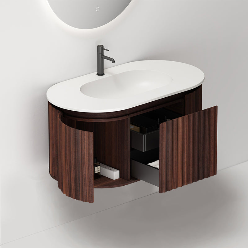 Mobile Bagno 100 cm Sospeso Noce Scuro Specchio Tondo Retroilluminato - Reid