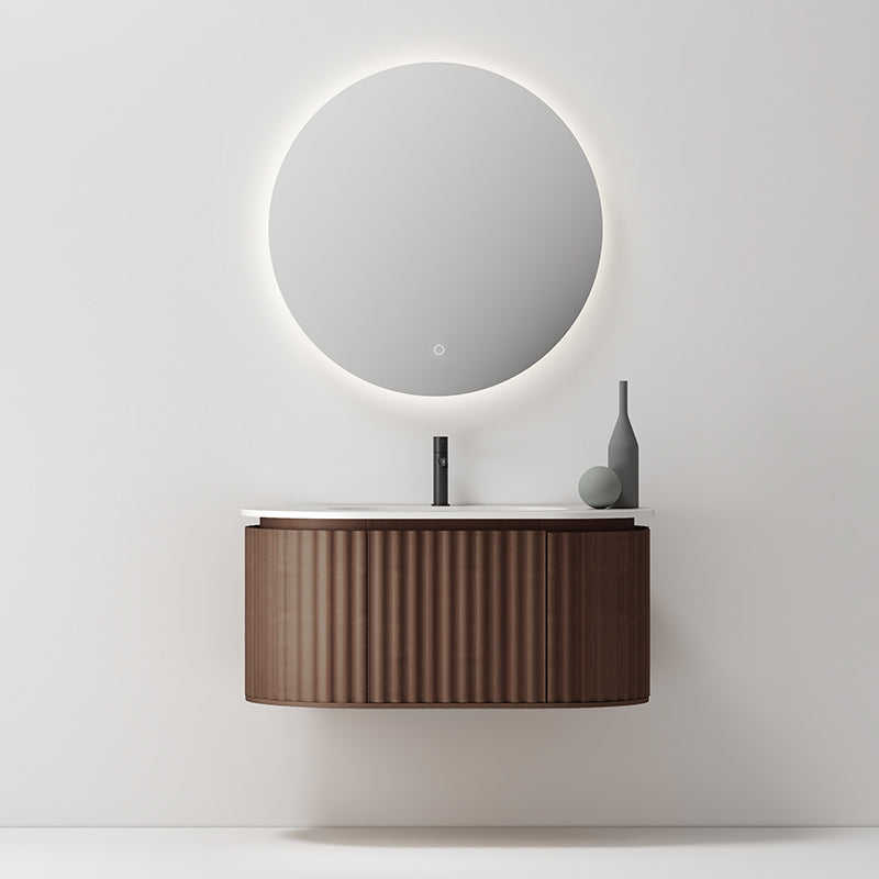 Mobile Bagno 100 cm Sospeso Rovere Scuro Specchio Tondo Retroilluminato - Reid