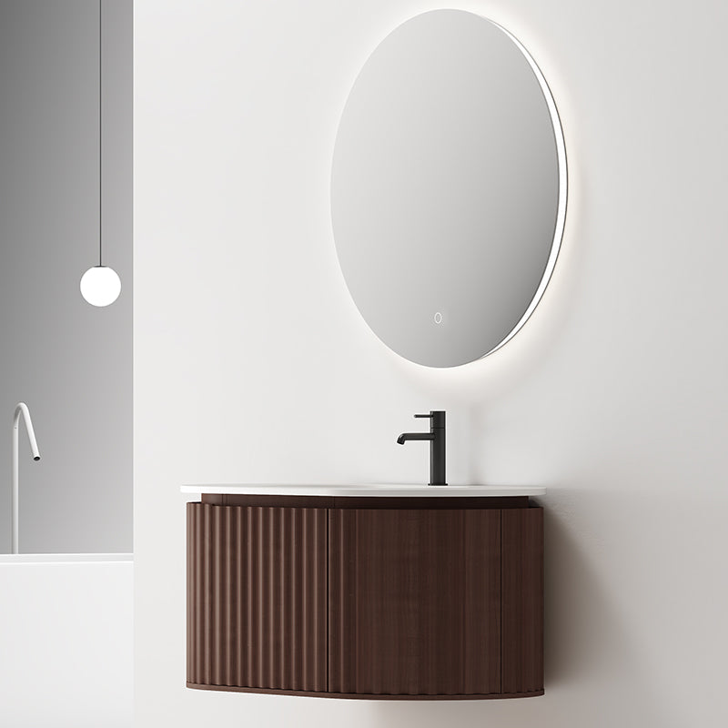 Mobile Bagno 100 cm Sospeso Rovere Scuro Specchio Tondo Retroilluminato - Reid