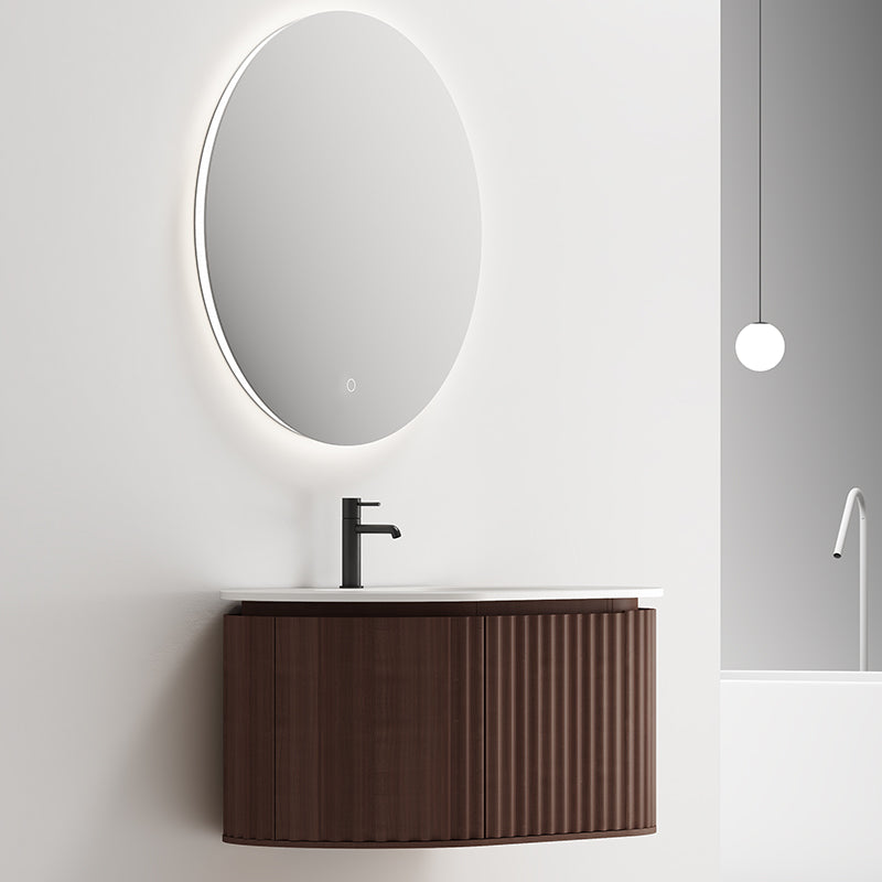 Mobile Bagno 100 cm Sospeso Rovere Scuro Specchio Tondo Retroilluminato - Reid