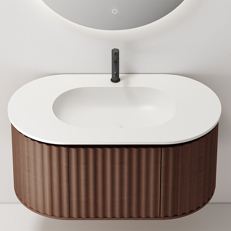 Mobile Bagno 100 cm Sospeso Rovere Scuro Specchio Tondo Retroilluminato - Reid
