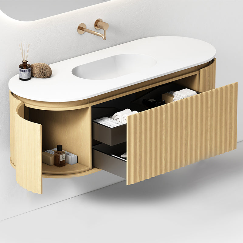 Mobile Bagno 140 cm  Sospeso Rovere Chiaro Sospeso Specchio Ovale Retroilluminato - Reid