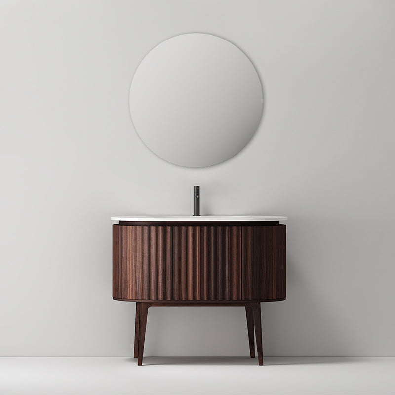 Mobile Bagno 100 cm A Terra Noce Scuro Specchio Tondo - Reid