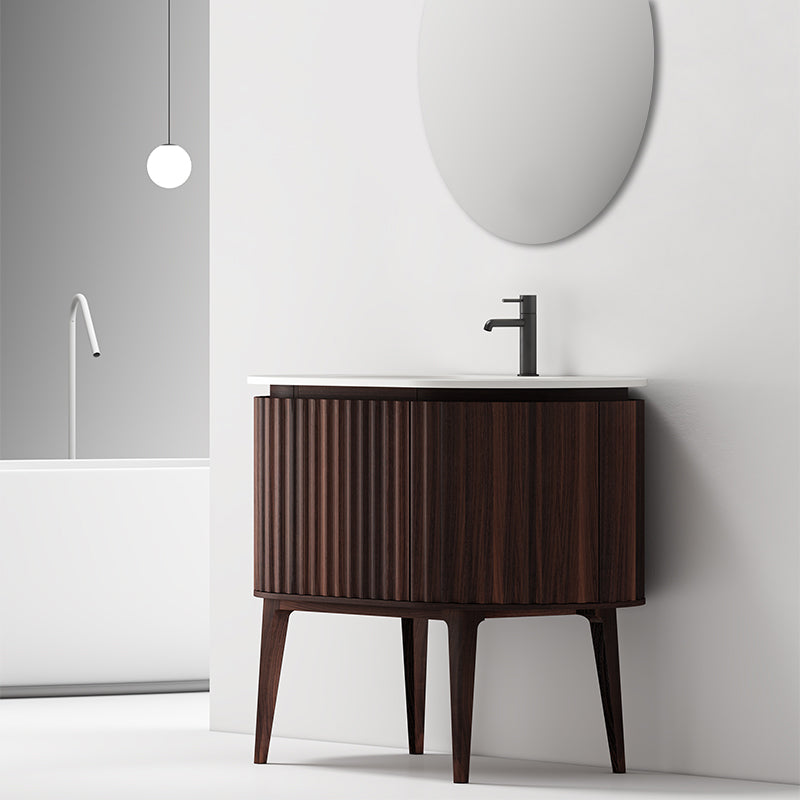 Mobile Bagno 100 cm A Terra Noce Scuro Specchio Tondo - Reid