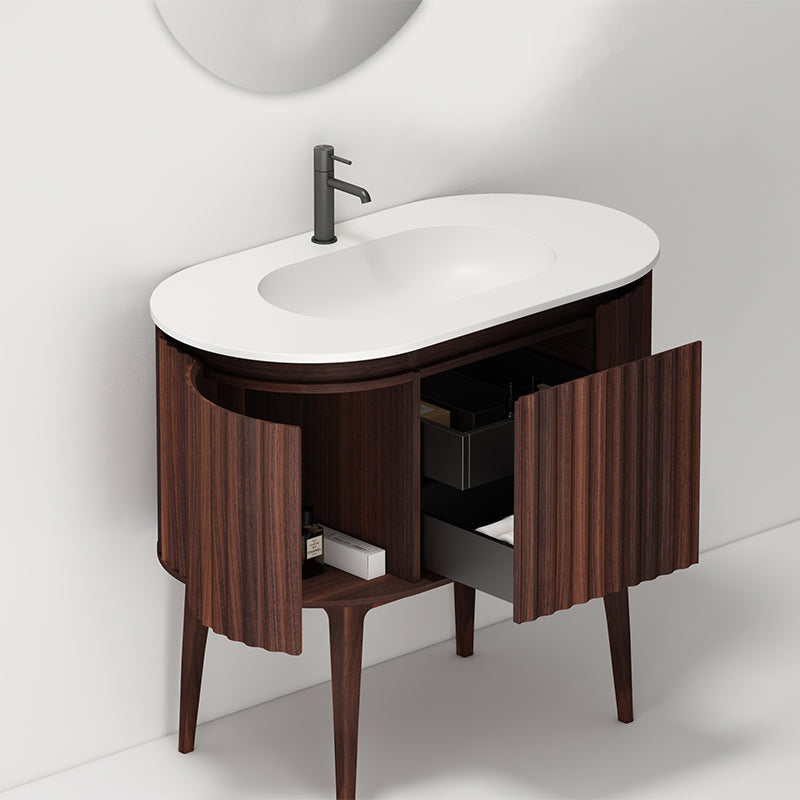 Mobile Bagno 100 cm A Terra Noce Scuro Specchio Tondo - Reid