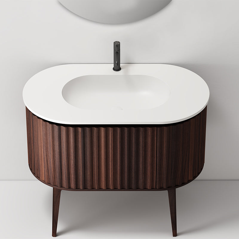 Mobile Bagno 100 cm A Terra Noce Scuro Specchio Tondo - Reid