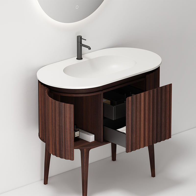 Mobile Bagno 100 cm A Terra Noce Scuro Specchio Tondo Retroilluminato - Reid