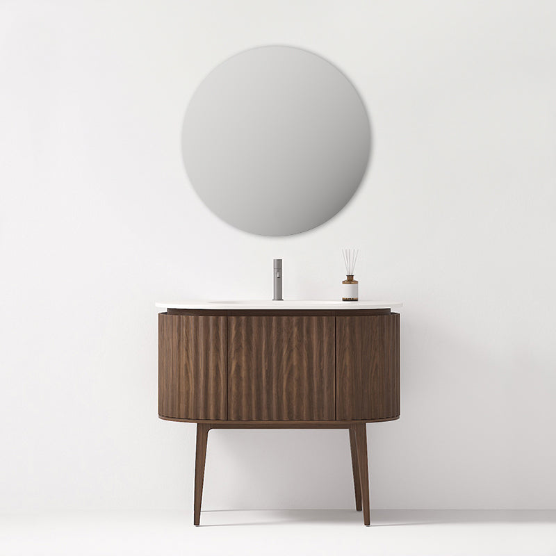 Mobile Bagno 100 cm A Terra Rovere Scuro Specchio Tondo - Reid