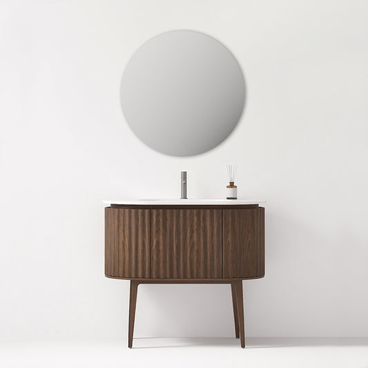 Mobile Bagno 100 cm A Terra Rovere Scuro Specchio Tondo - Reid