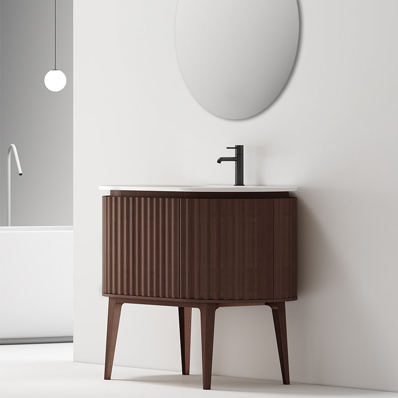 Mobile Bagno 100 cm A Terra Rovere Scuro Specchio Tondo - Reid