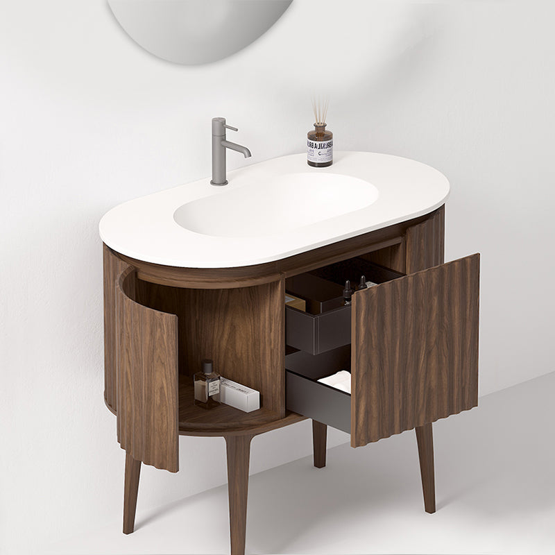 Mobile Bagno 100 cm A Terra Rovere Scuro Specchio Tondo - Reid