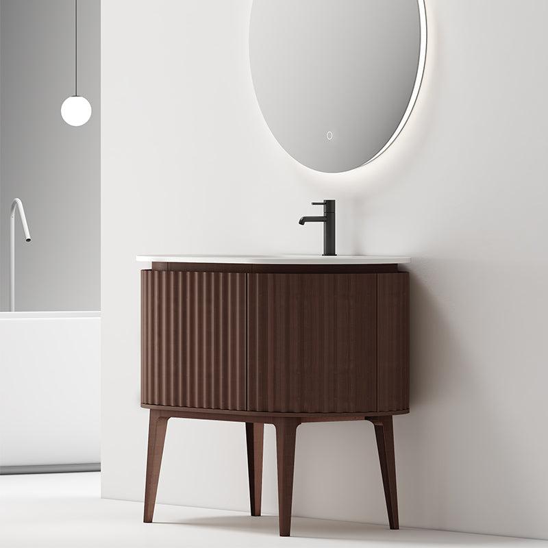 Mobile Bagno 100 cm A Terra Rovere Scuro Specchio Tondo Retroilluminato - Reid