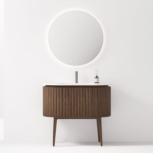 Mobile Bagno 100 cm A Terra Rovere Scuro Specchio Tondo Retroilluminato - Reid